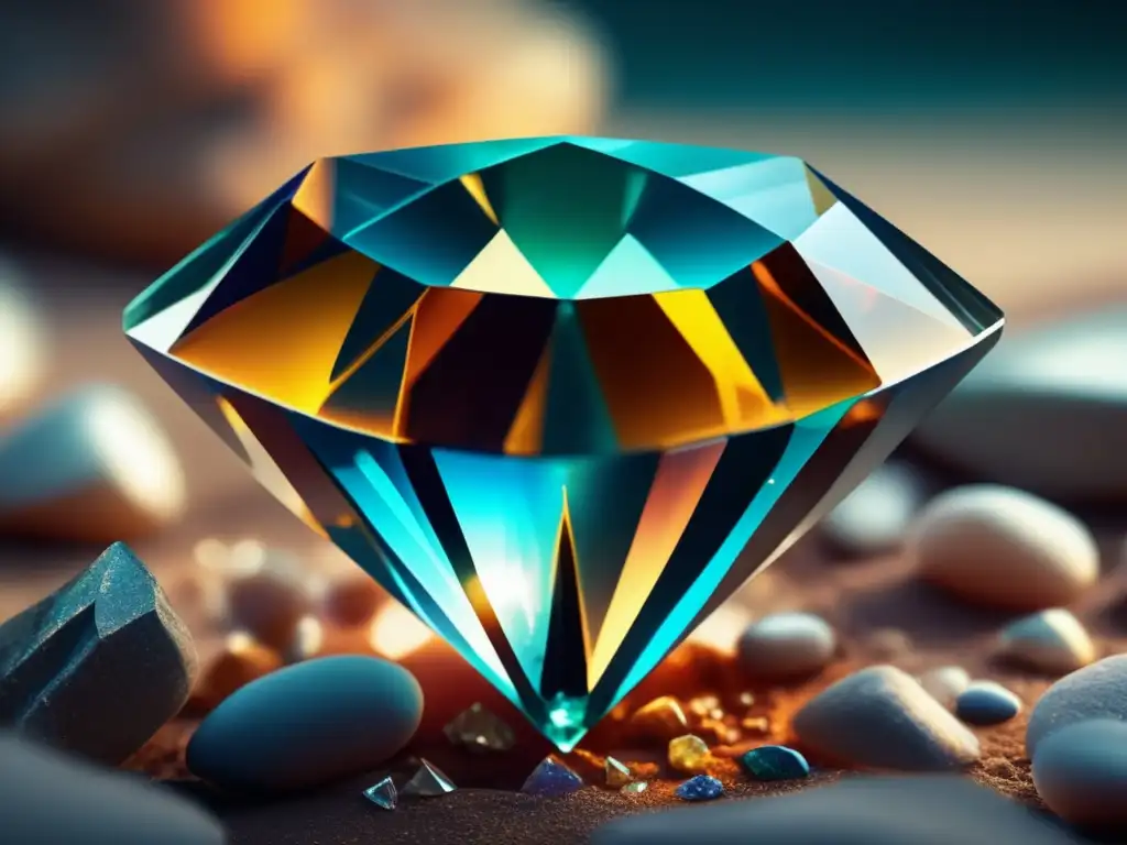 Evolución histórica de la joyería: Diamante en formación rodeado de minerales y rocas, con cristales y colores vibrantes