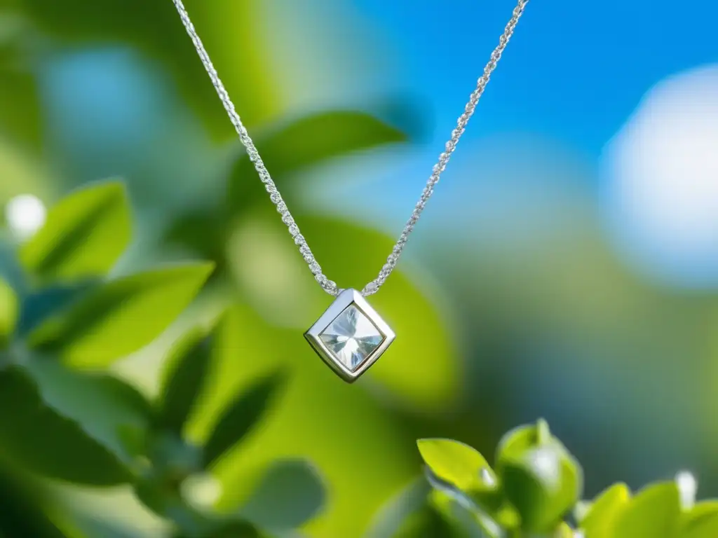 Impacto ambiental de la joyería: collar de plata con diamante en naturaleza exuberante