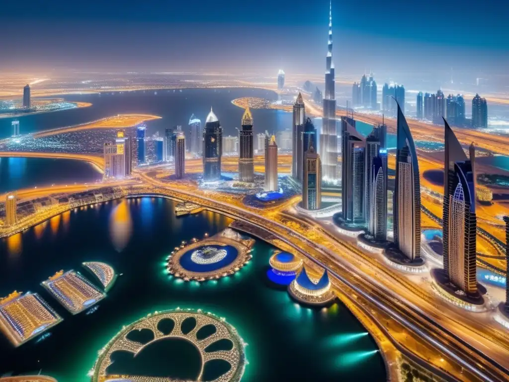 Joyería en Dubai: Innovación y tradición, skyline nocturno hipnotizante con la icónica Burj Khalifa y diseños árabes e islámicos