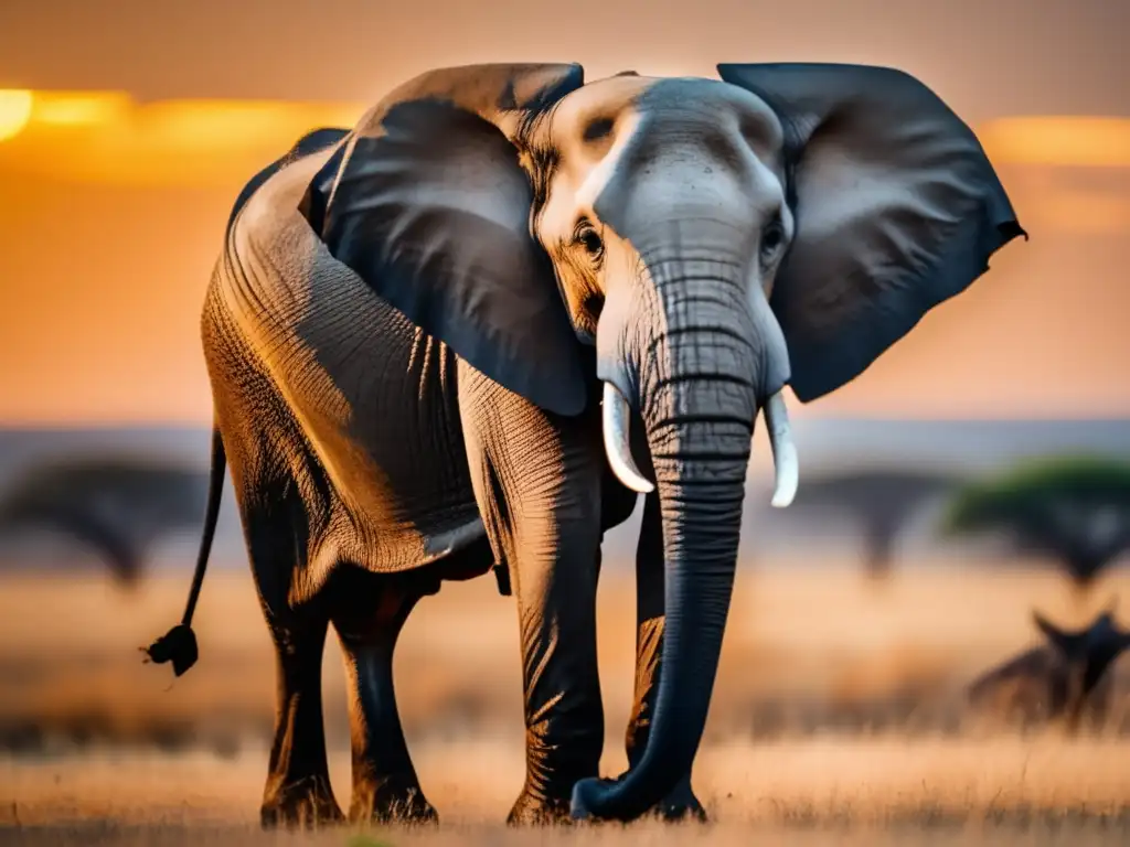 Historia de la joyería de marfil: Elefante majestuoso en la sabana, sus arrugadas pieles grises brillan bajo los rayos dorados del atardecer