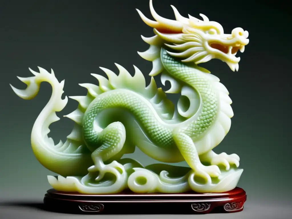 Escultura de jade blanco chino con dragón, detalle y belleza, historia del jade en cultura oriental