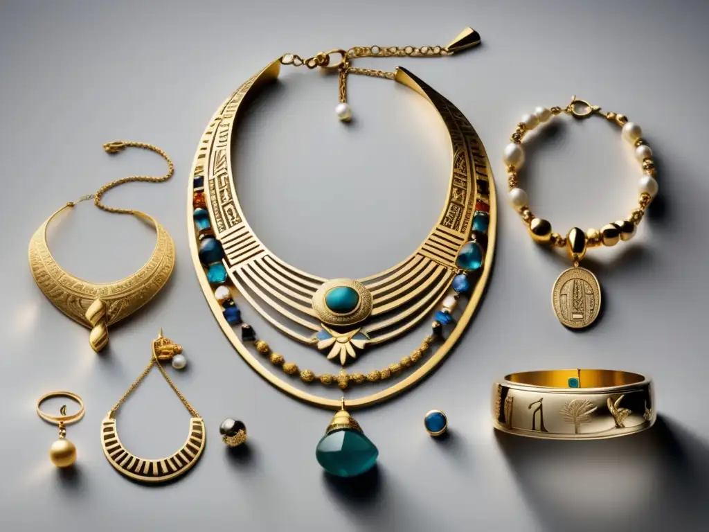 Evolución de la joyería a través de las eras Evolución joyas a través eras: imagen elegante muestra joyería antigua de Egipto, Grecia y Roma en fondo blanco