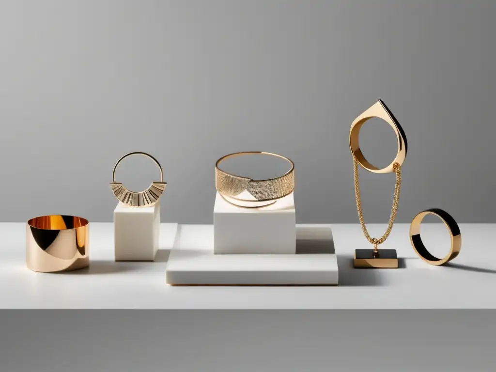 Tendencias innovadoras joyería 2022: Exquisita exhibición de joyería minimalista y contemporánea en un entorno elegante