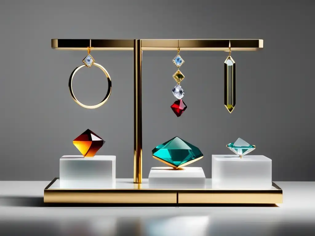 Innovaciones en diseño de joyería con realidad aumentada: exhibición minimalista de joyería con piezas exquisitamente diseñadas y gemas vibrantes