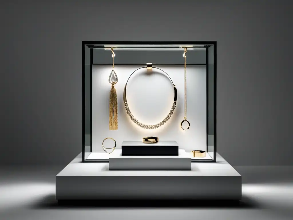 Tendencias joyería 2022: Exquisita exhibición minimalista de joyas innovadoras en elegante vitrina de cristal