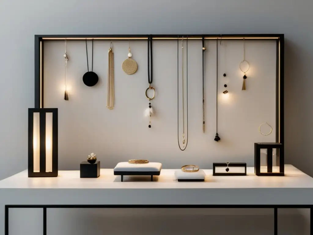 Tendencias joyería 2022: Escaparate minimalista con joyería sostenible delicadamente iluminada