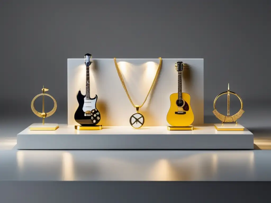 Joyería Beatles: influencia moda actual - Minimalista y elegante display de joyas de oro y plata con símbolos icónicos de los Beatles