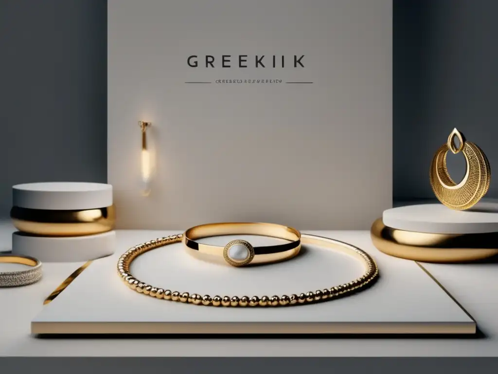 Influencia joyería antigua Grecia: Exquisita exhibición de joyería minimalista y moderna con elementos inspirados en la antigua Grecia