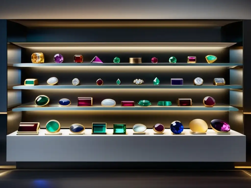 Evolución piedras preciosas: exhibición joyería minimalista con gemas exquisitas y vibrantes