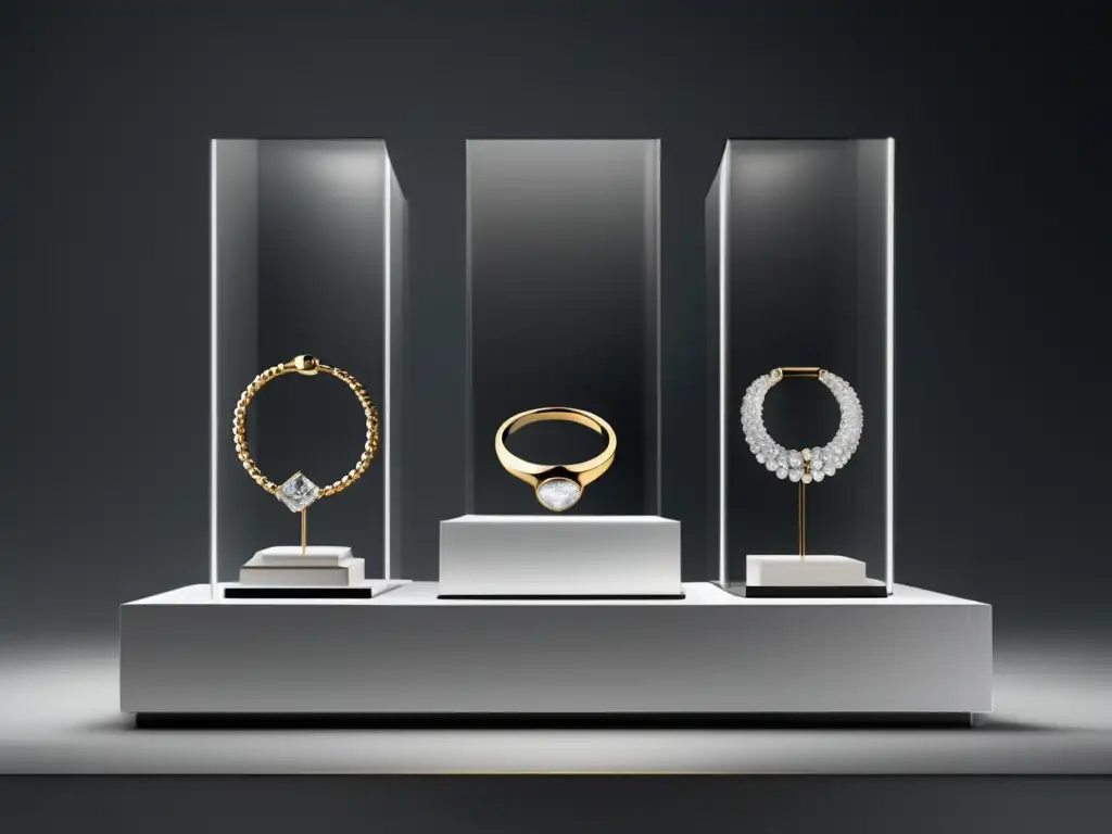 Joyería con realidad aumentada: exhibición elegante y moderna de joyas de alta gama en pedestal blanco con holograma y diseño innovador