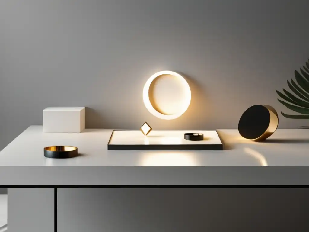 Joyería minimalista como tendencia: mesa blanca con joyería geométrica en metales de calidad