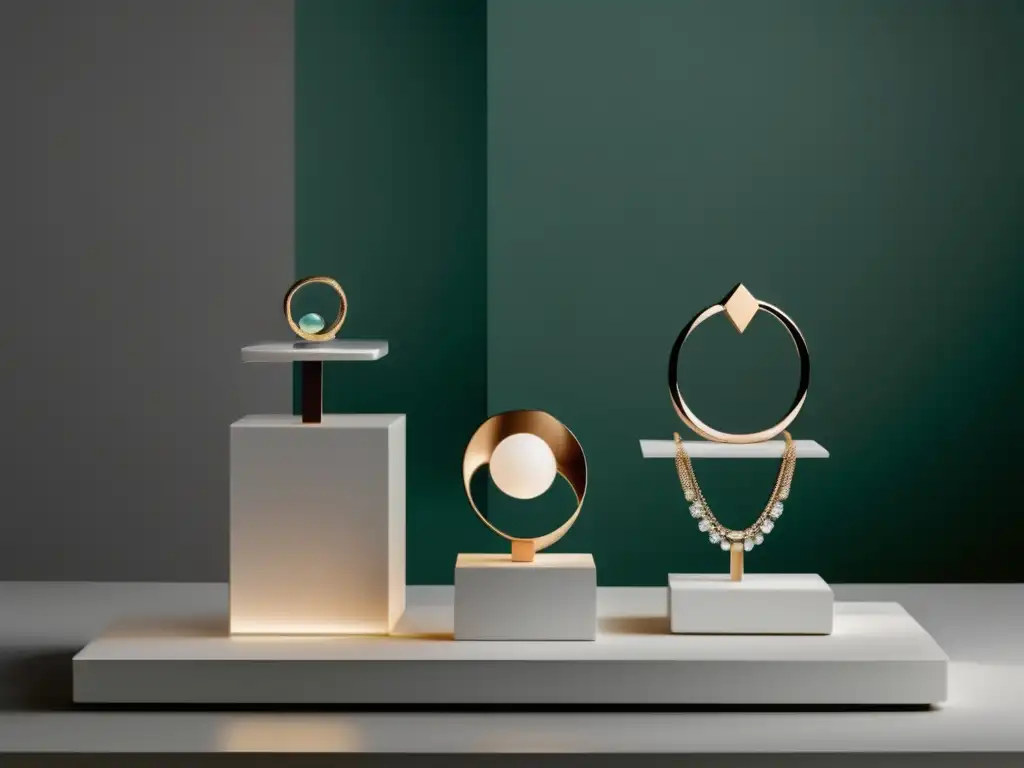 Evolución joyería diseño moderno: exhibición minimalista de joyería contemporánea en un soporte blanco con formas geométricas y líneas limpias