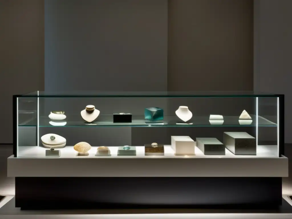 Evolución de la joyería prehistórica en una vitrina minimalista y moderna, destacando la artesanía ancestral