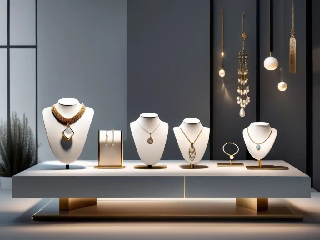 Tendencias joyería 2022: Exhibición minimalista de joyería moderna, elegante y brillante con collares, pulseras, anillos y aretes de última moda