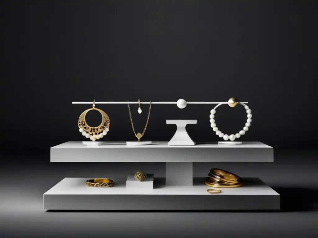 Evolución joyería contemporánea: exhibición minimalista de joyas de distintas épocas, desde barroco hasta vanguardia