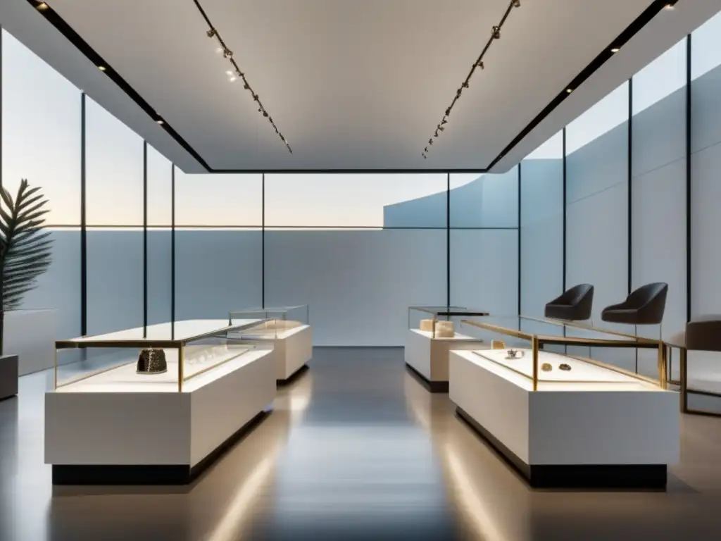 Evolución histórica de la joyería contemporánea en una elegante exhibición de joyas modernas en un espacio minimalista y luminoso