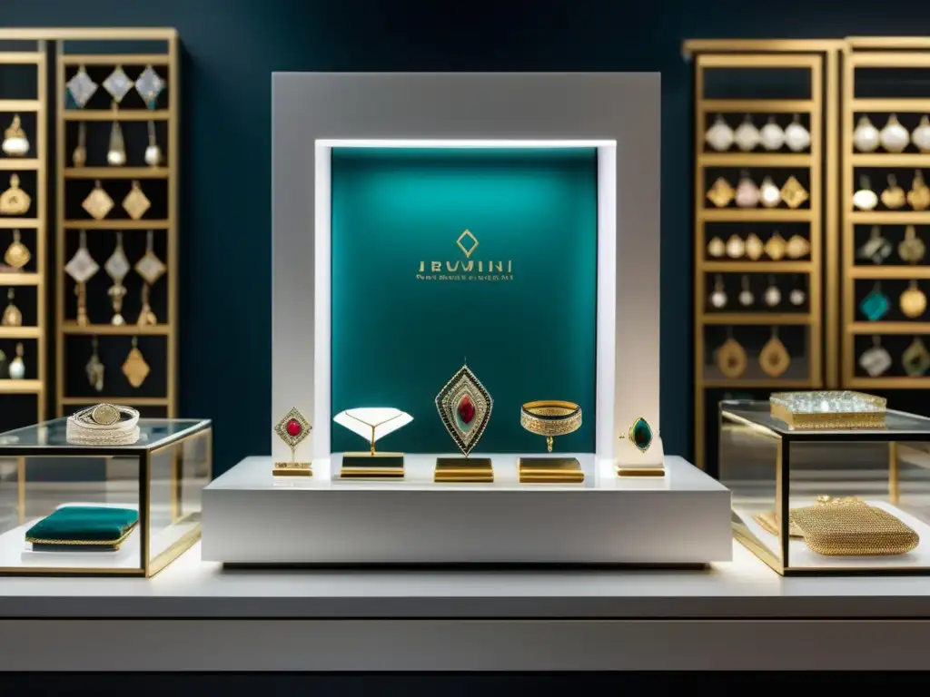 Joyería Medio Oriente: Exposición minimalista de joyería histórica con influencias contemporáneas, gemas vibrantes y diseño innovador