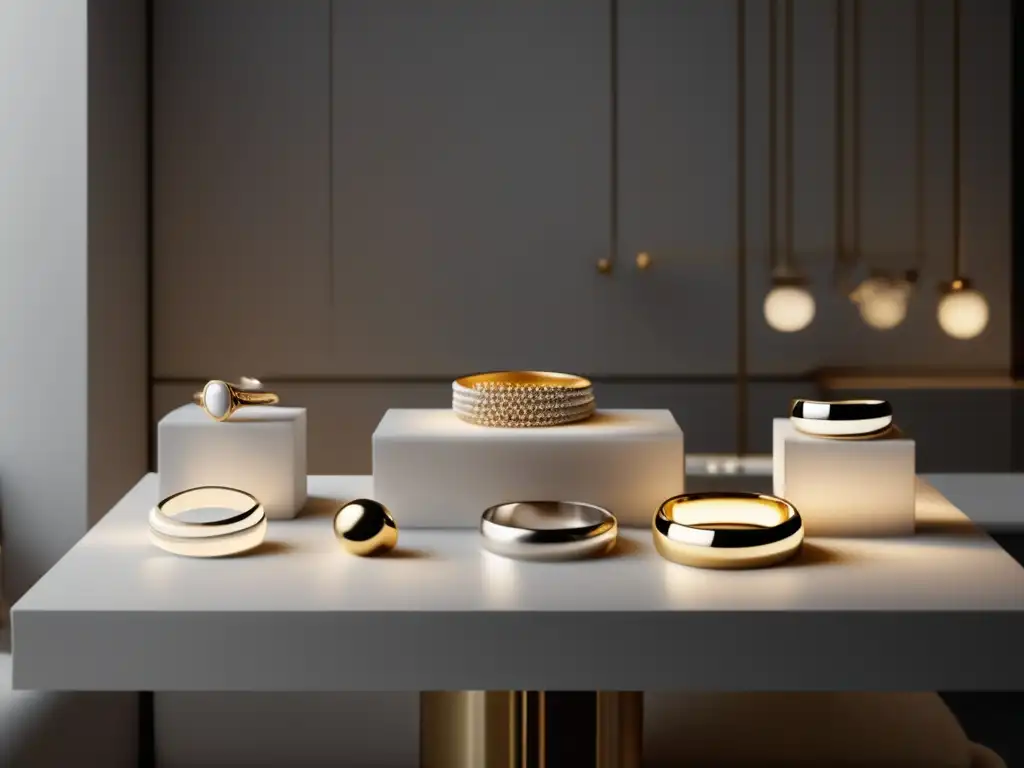 Joyería moderna y minimalista Tendencias futuras mercado joyería: Exhibición minimalista de joyería moderna en una elegante encimera blanca con luz suave y difusa