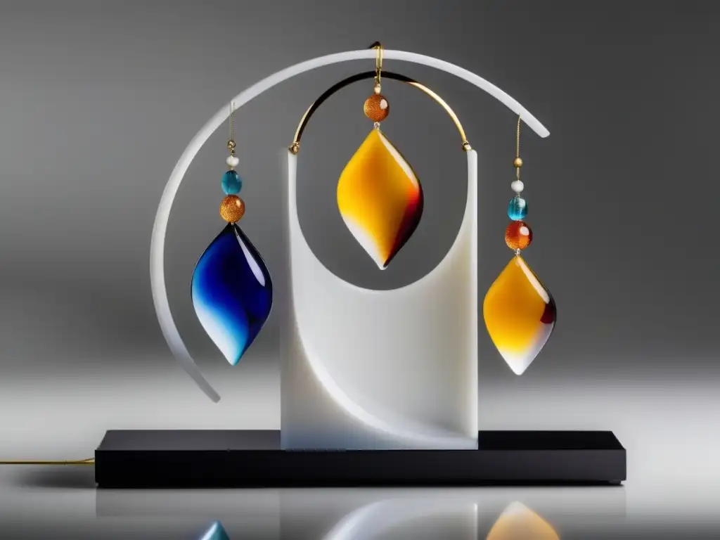 Exhibición minimalista joyería cristal Murano: historia y evolución en un fondo blanco destacando colores y diseños vibrantes, reflejos y calidad