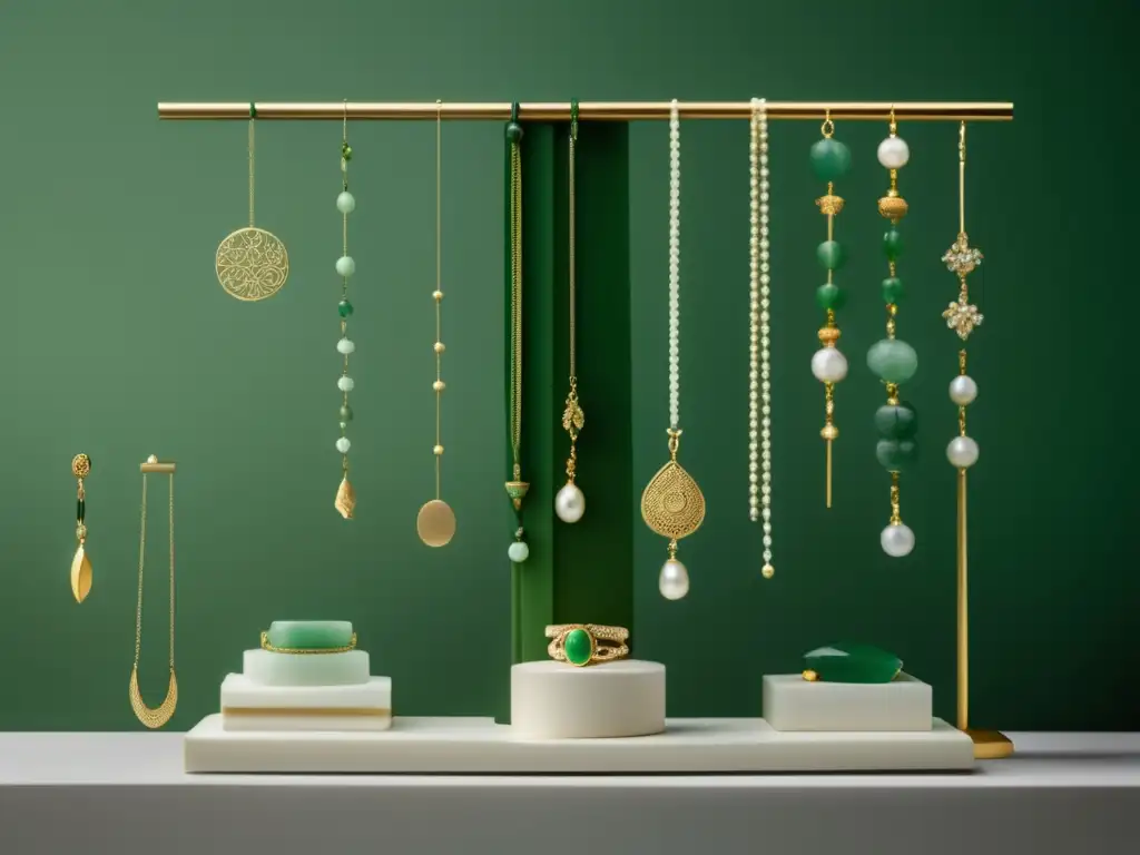 Joyería asiática: Historia y evolución - Exquisita exhibición de joyería minimalista y moderna, con collares de oro, pulseras de jade y anillos de plata con gemas preciosas