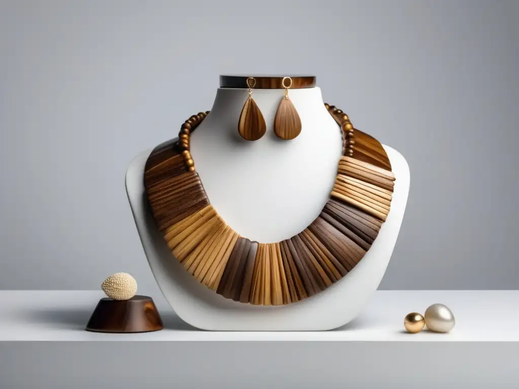 Joyas de coco artesanales en elegante exhibición minimalista