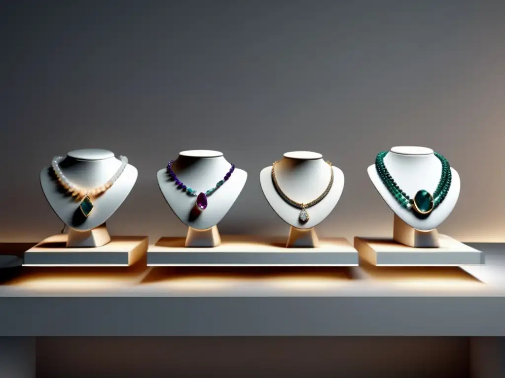 Tendencias joyería piedras preciosas: Exhibición moderna de joyería con gemas exquisitas, resplandecientes en una estantería blanca retroiluminada