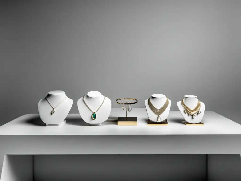 Joyas alta costura: exhibición moderna minimalista, elegante fondo blanco, diseño resalta importancia y belleza