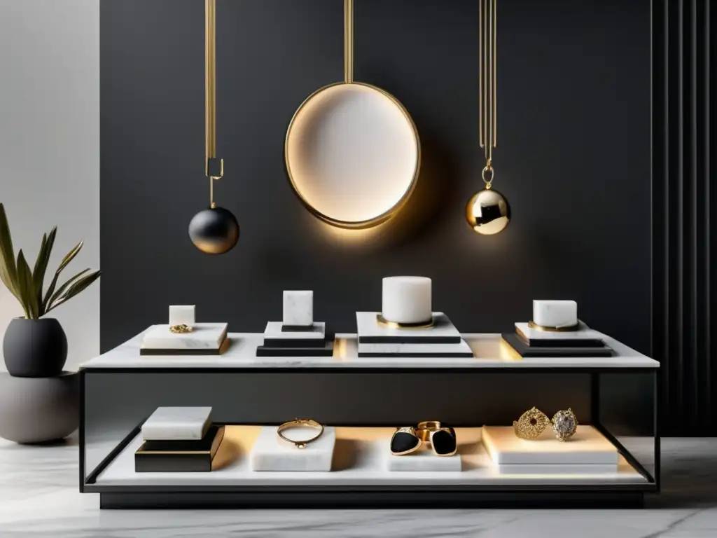 Joyería contemporánea elegante Tendencias joyería contemporánea moda: exhibición minimalista de joyería elegante y sofisticada en mármol blanco con detalles en metal negro mate