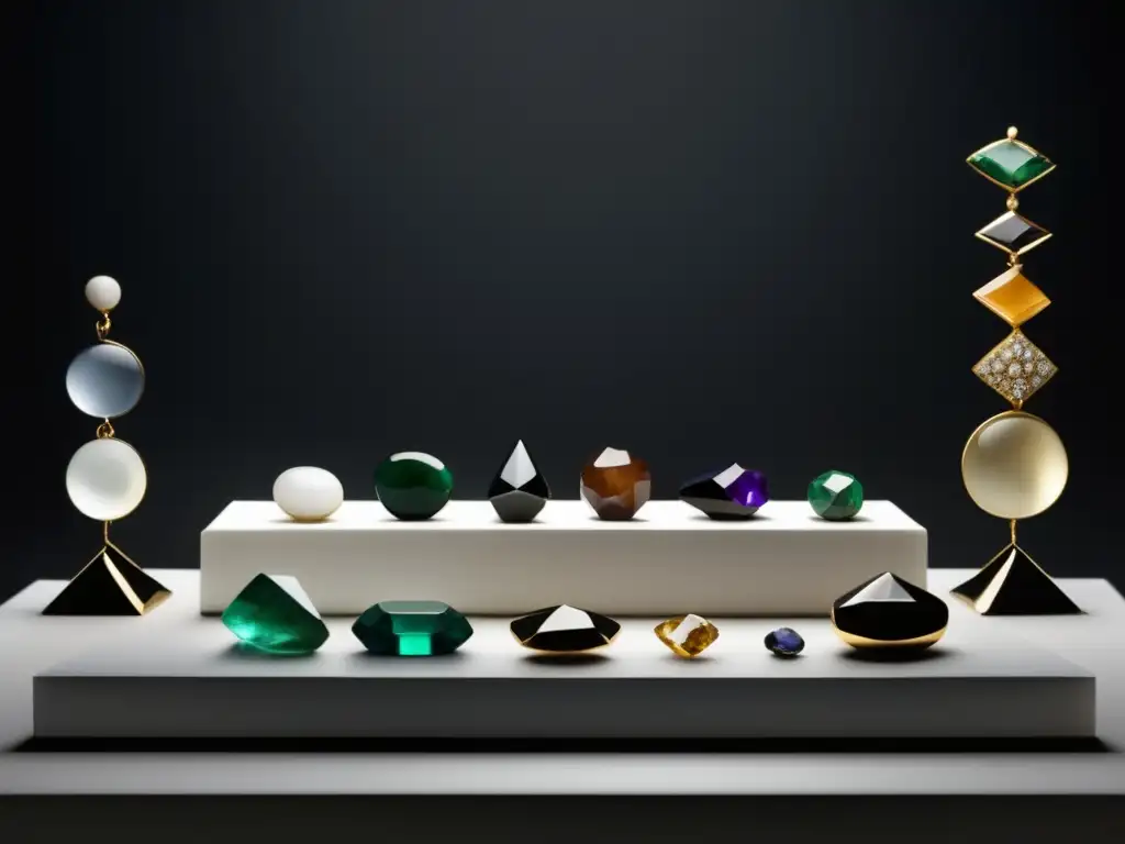 Joyas talismán: Exquisita imagen 8k de mesa blanca y fondo negro, con gemas variadas destacando color, tamaño y forma