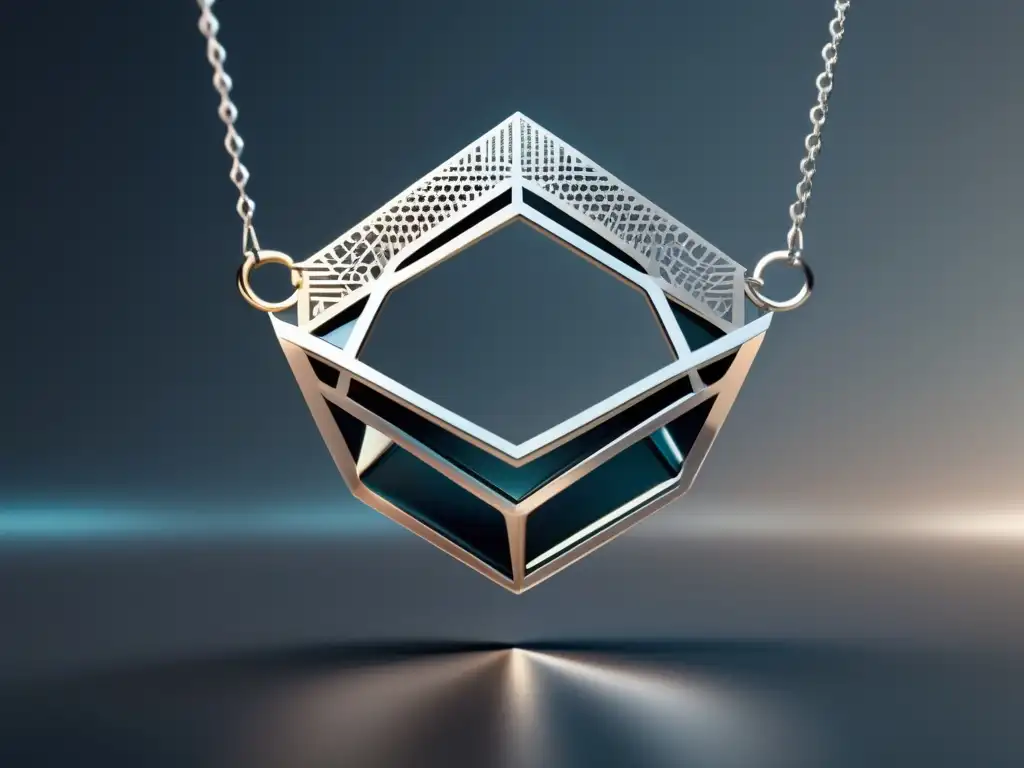 Tendencias joyería futurista: Collar geométrico plateado y translúcido, minimalista y futurista, con luz cálida y fondo negro