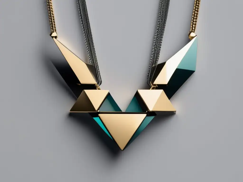 Tendencias joyería futurista: collar minimalista de formas geométricas y materiales metálicos, con acabado pulido y detalles intrincados