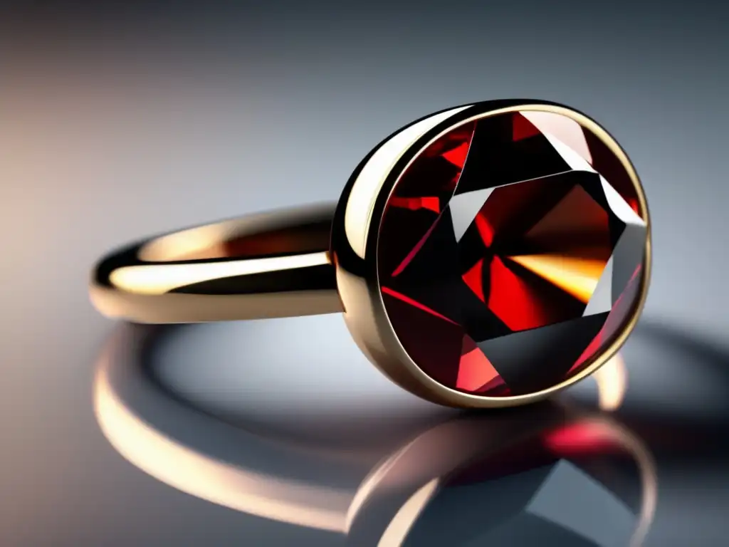 Influencia mística de los granates en diseño minimalista con un vibrante garnet rojo y superficie reflectante