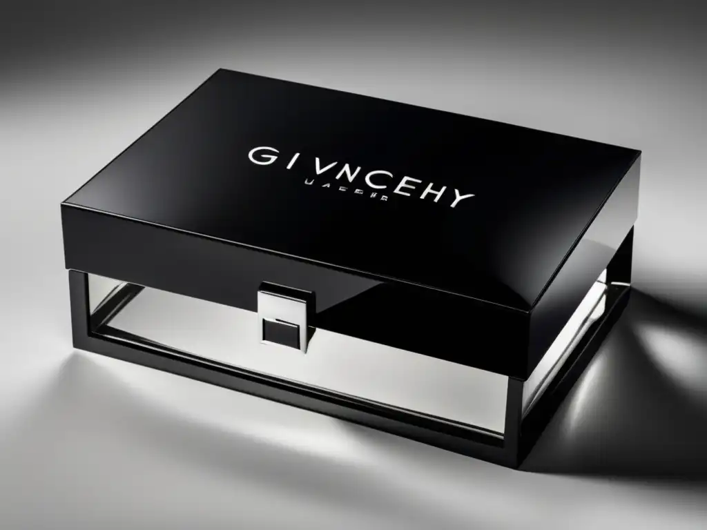 Evolución joyería Givenchy: Caja minimalista negra con logo plateado, revela collar exquisito con diamantes y perlas