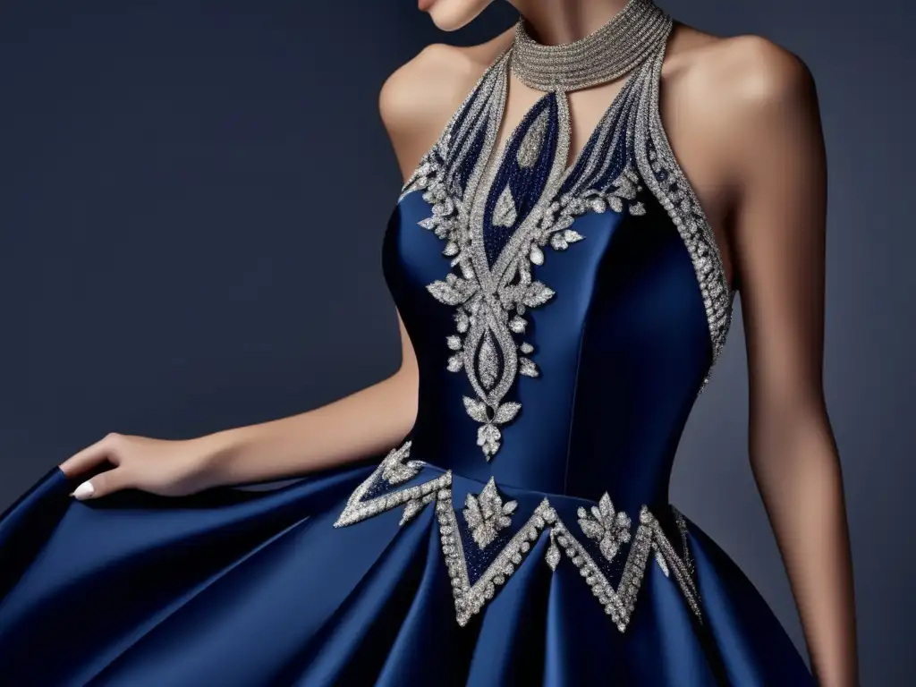 Tendencias joyería moda alta costura: Gown de seda azul medianoche con bordados y joyería de diamantes