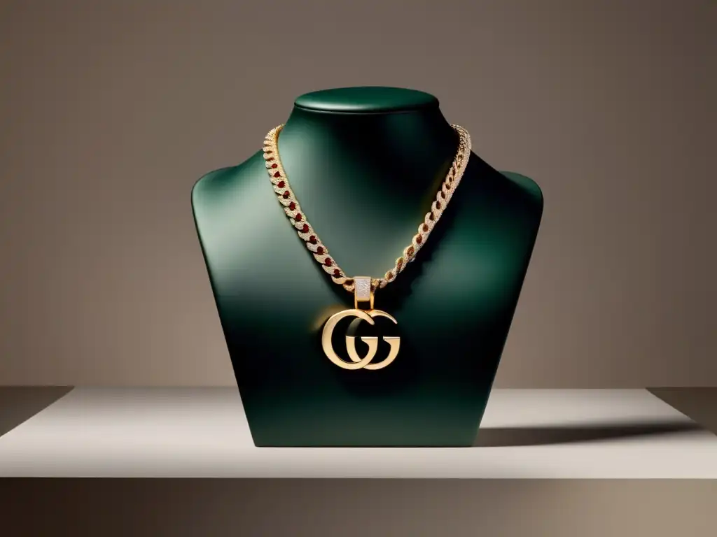 Joyería de lujo: Impacto de Gucci - Minimalismo y elegancia en un escaparate con un deslumbrante collar Gucci en primer plano