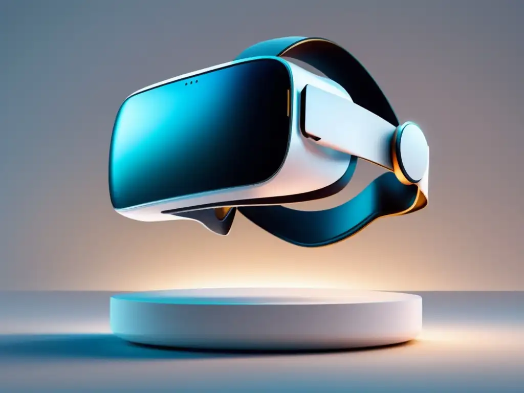 Auriculares de realidad virtual minimalistas en pedestal blanco Realidad virtual en compra de joyas: headset minimalista en pedestal blanco, ambiente minimalista, estética moderna