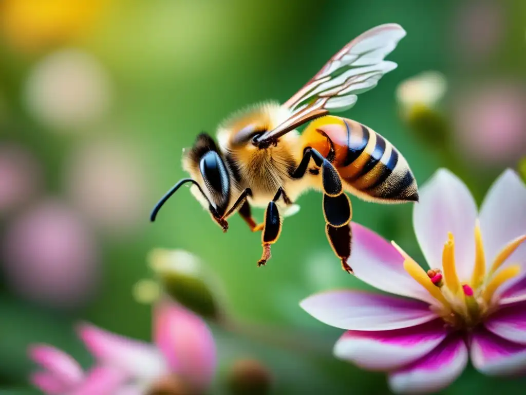 Un jardín vibrante con flores y abeja recolectando néctar- Problemas ambientales causados por joyería