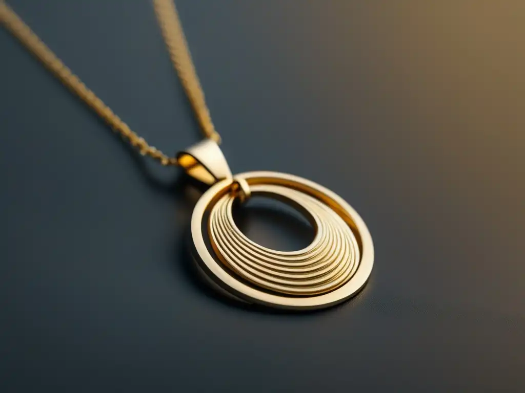 Joyería contemporánea: detalle oro minimalista, colgante geométrico, superficie impecable, brillo sutil, expresión personal