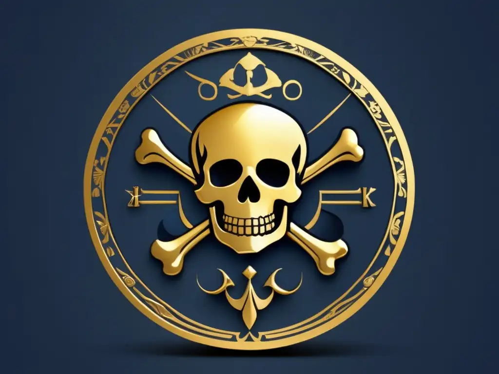 Imagen de amuletos de joyas en piratas, diseño minimalista y elegante con moneda dorada y detalles piratas (110 caracteres)