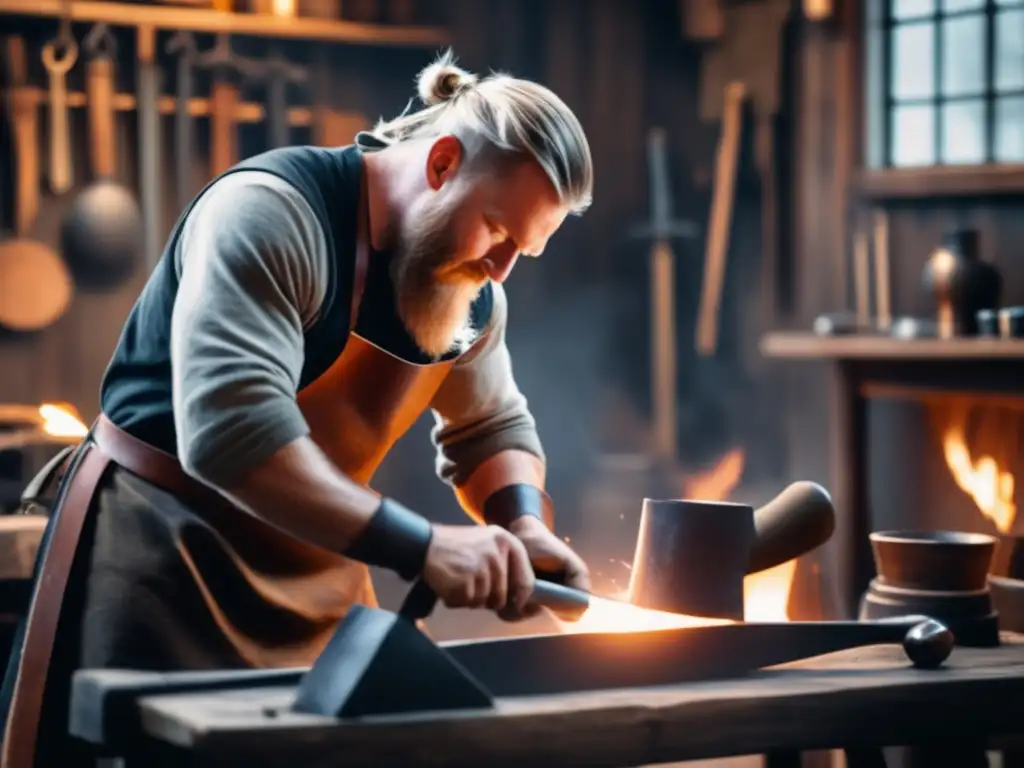 Un hábil herrero vikingo en su taller, creando talismanes con destreza y dedicación