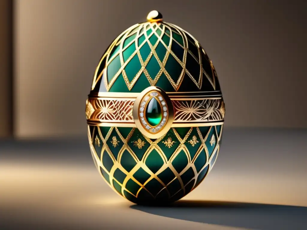 Evolución joyería rusa: huevo Fabergé 8k, detalles precisos y elegancia cautivan con patrones grabados, toques sutiles de oro y brillo suave