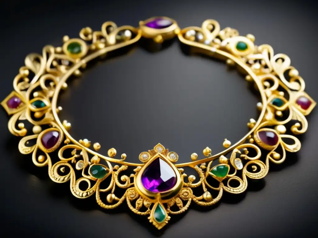 Joyería medieval: Collar de oro con filigranas y gemas, reflejos y detalles en fondo negro