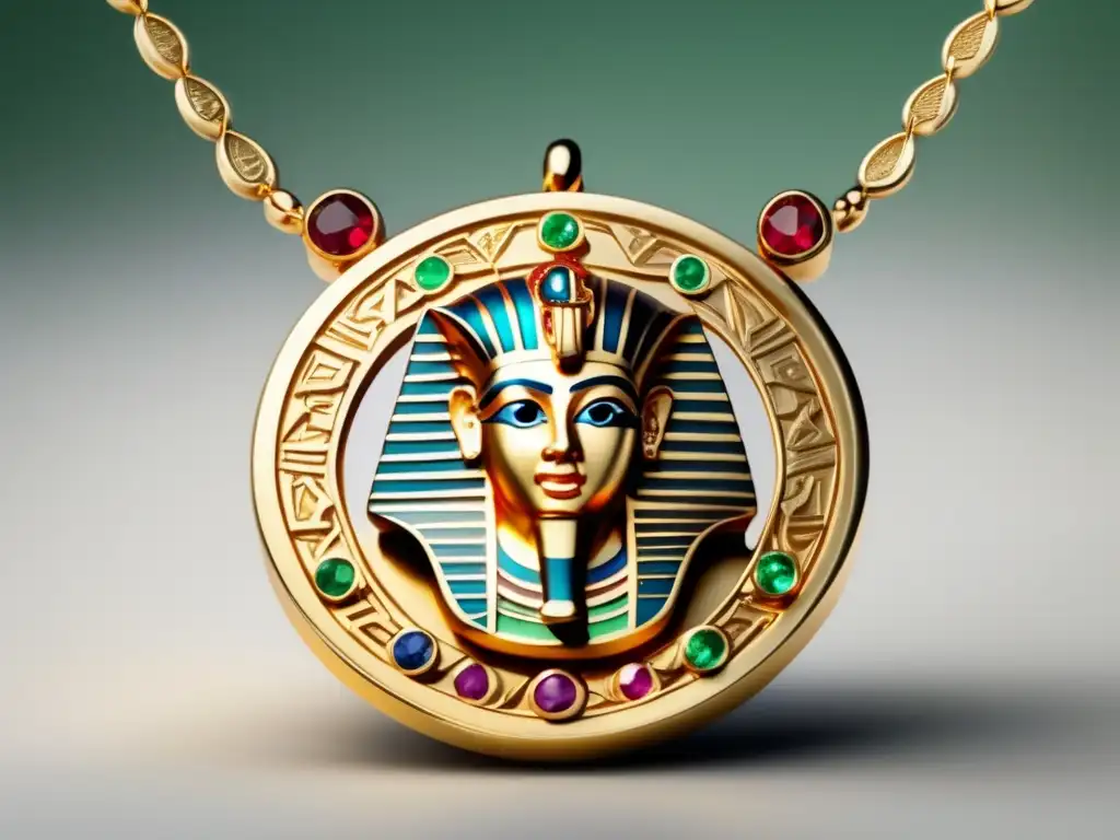 Joyería antiguo Egipto: Colgante oro, detalles exquisitos, piedras preciosas, cadena elegante