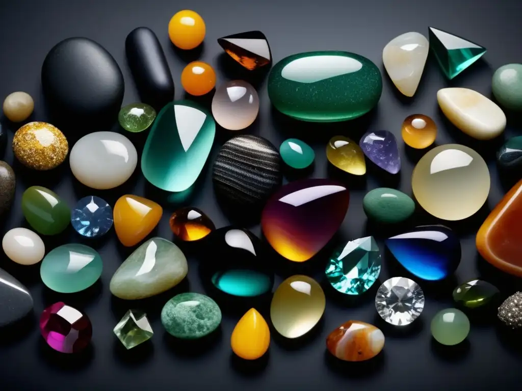 Piedras naturales en joyería contemporánea: imagen 8k ultradetallada de piedras preciosas en un fondo negro elegante