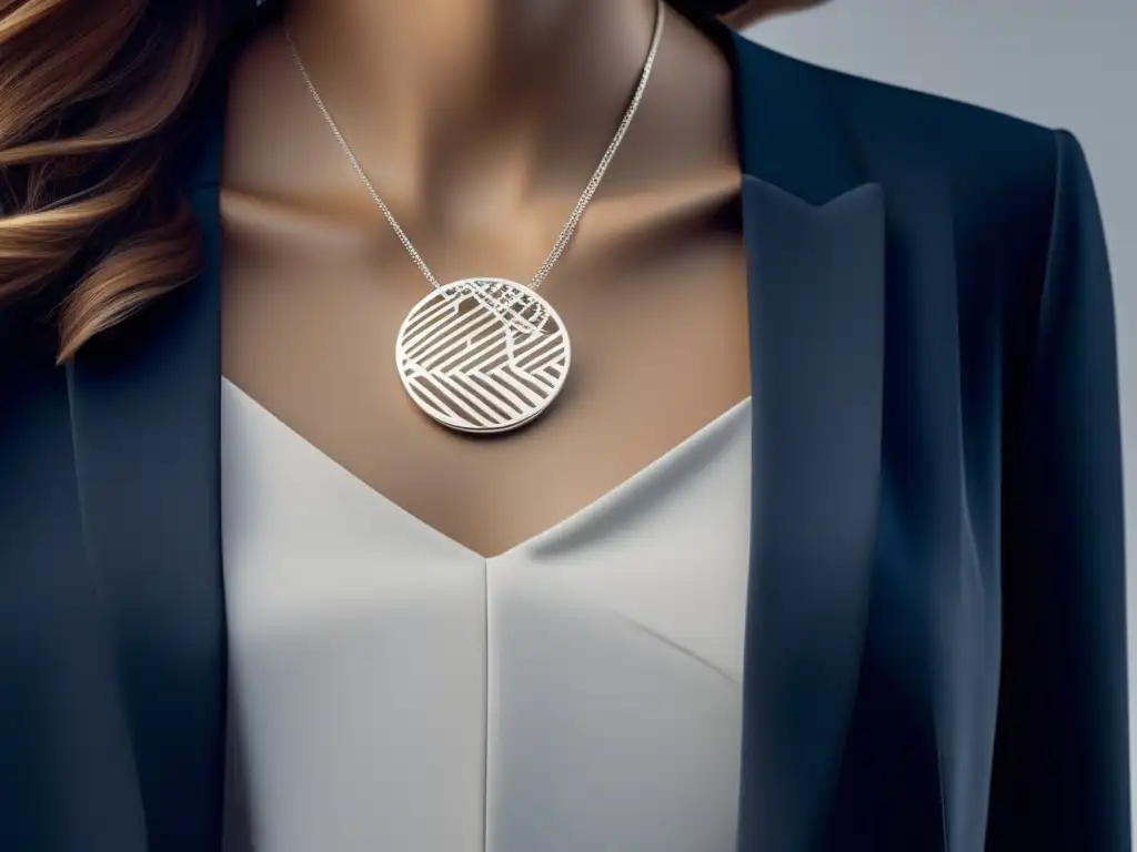 Tendencias joyería contemporánea simbolismos: collar plata minimalista con patrones geométricos y colgante de esmeralda