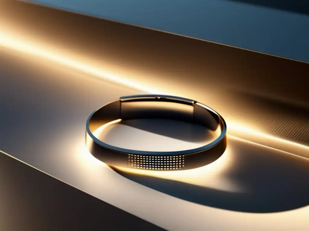 Futuro de wearables en joyería: brazalete elegante en metal hightech, con pantalla táctil y luces LED en patrón sutilmente cambiante