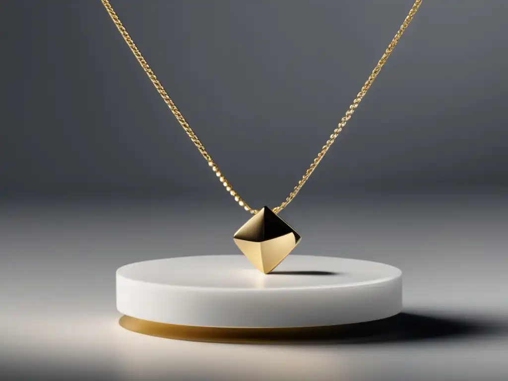 Joyería minimalista como tendencia: imagen 8k ultradetallada de exhibición elegante de un delicado collar dorado sobre pedestal blanco