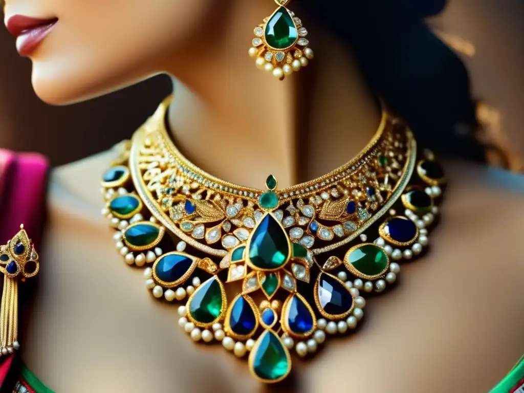 Joyería India Mogol: Detalle exquisito de un collar de oro adornado con gemas preciosas