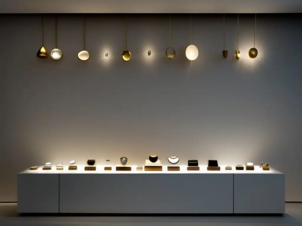 Historia de la joyería prehistórica: exhibición minimalista de piezas antiguas en una pared blanca iluminada, resaltando detalles y evolución