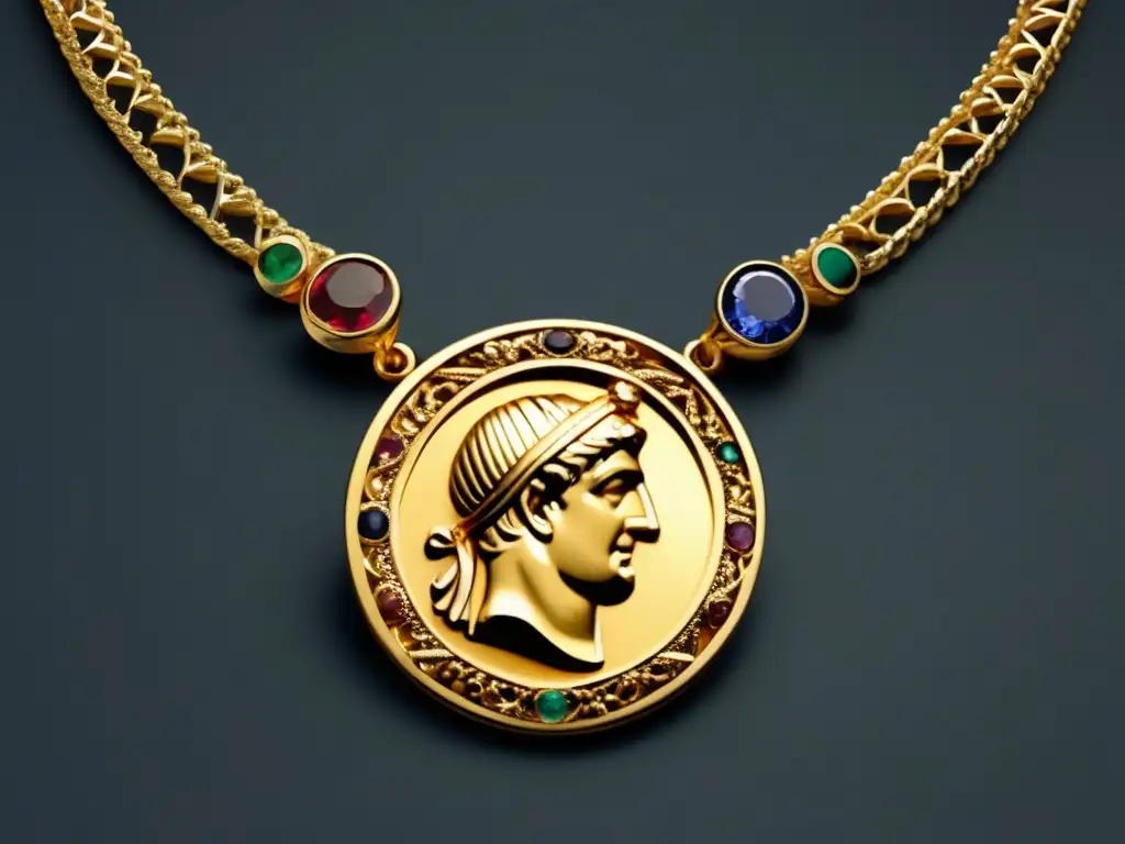 Historia joyería romana: Collar oro romano con detalles filigrana, gemas preciosas, moneda emperador y cadena texturizada